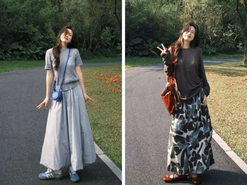 Mix áo len mỏng với chân váy midi đi Sapa