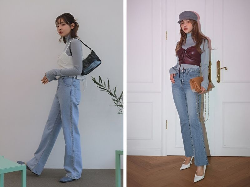 Áo cổ lọ mix với quần jean