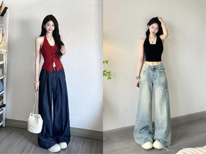 áo tanktop và quần jean ống rộng