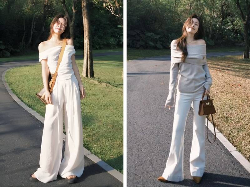 Cách phối áo hở vai cho dáng tam giác ngược