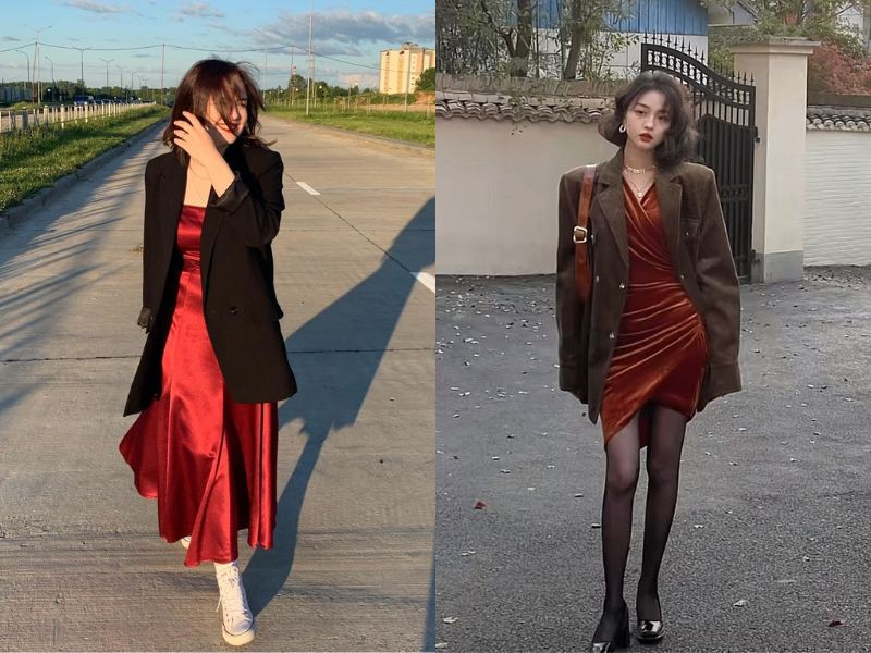 váy đỏ áo blazer