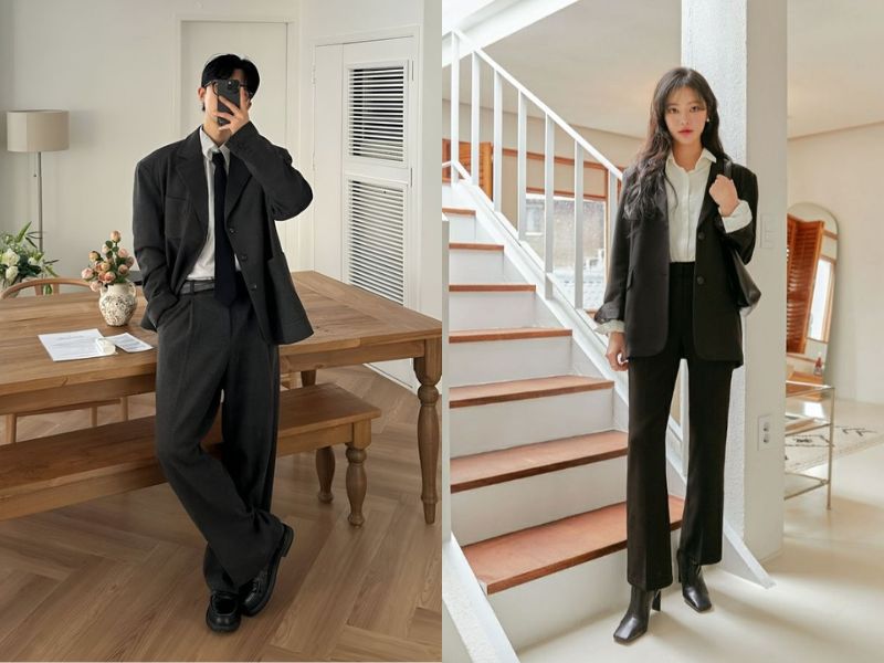sơ mi trắng với blazer và quần đen