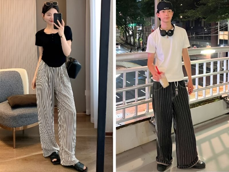 Mix áo thun và quần sọc dọc dài