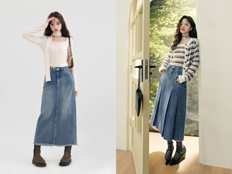 Cách phối đồ với áo cardigan ngắn cùng chân váy denim