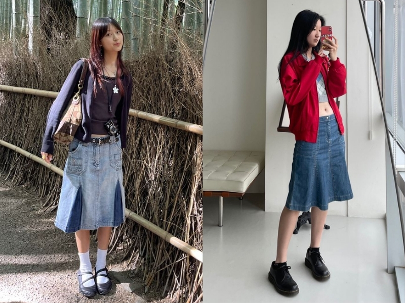 phối đồ với áo cardigan ngắn cùng chân váy denim