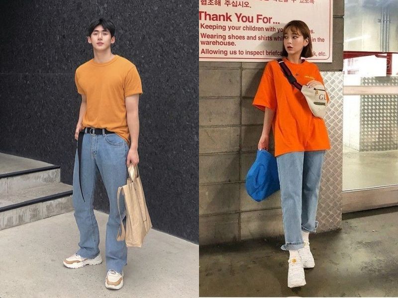 áo thun cam và quần jeans