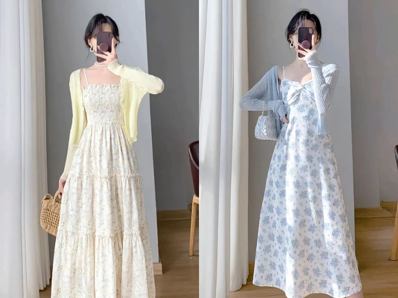 Kết hợp áo cardigan dáng ngắn với váy hoa