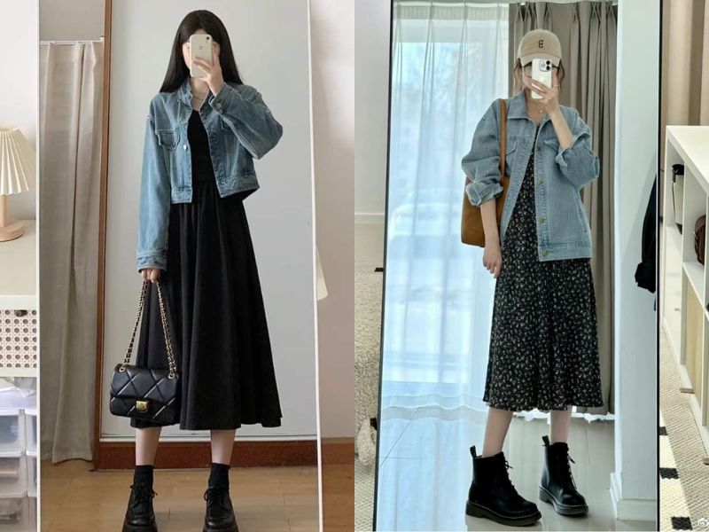 váy liền với áo khoác jean