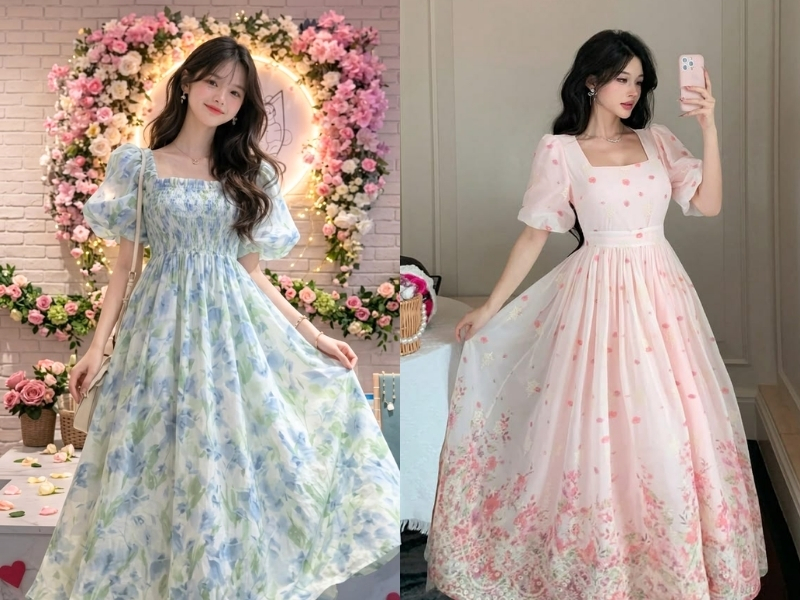Đầm tay bồng hoa nhí đẹp