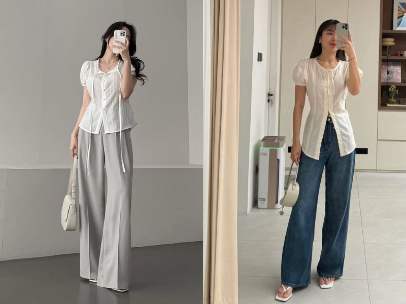 áo sơ mi cách điệu quần ống rộng
