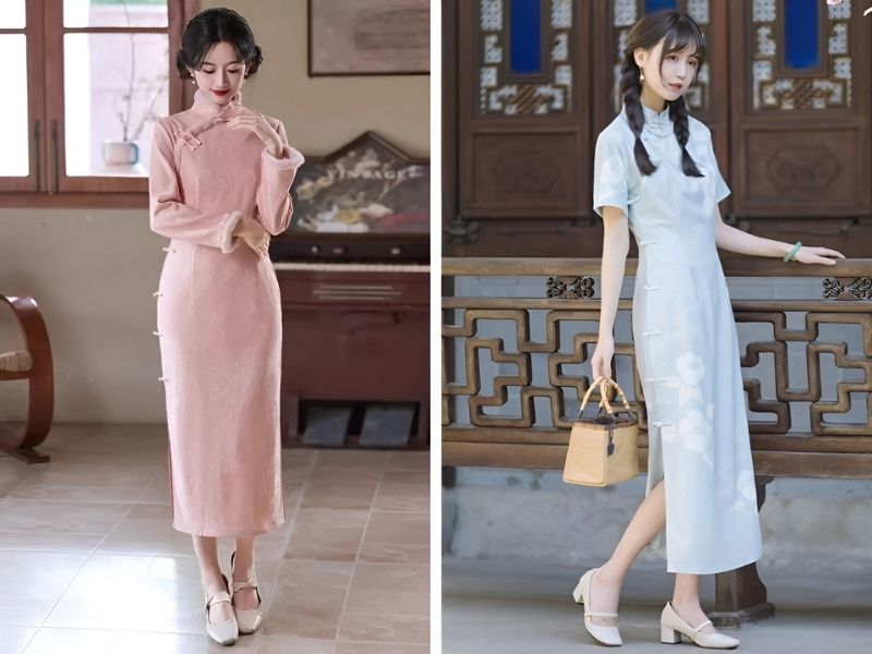 Mặc sườn xám với giày gót vuông