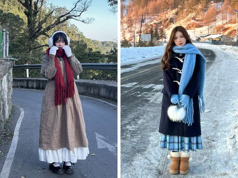 Phối đầm dài với áo khoác trench coat đi Sapa
