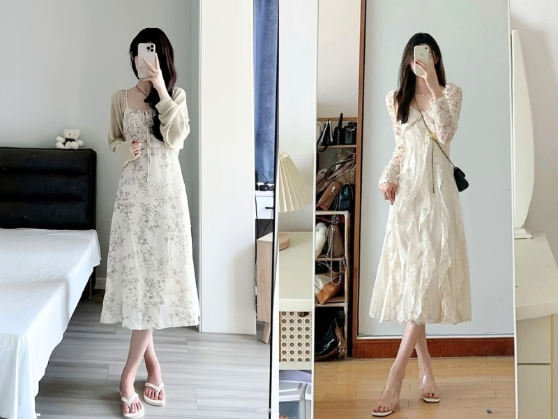 Kết hợp áo cardigan dáng ngắn với váy hoa