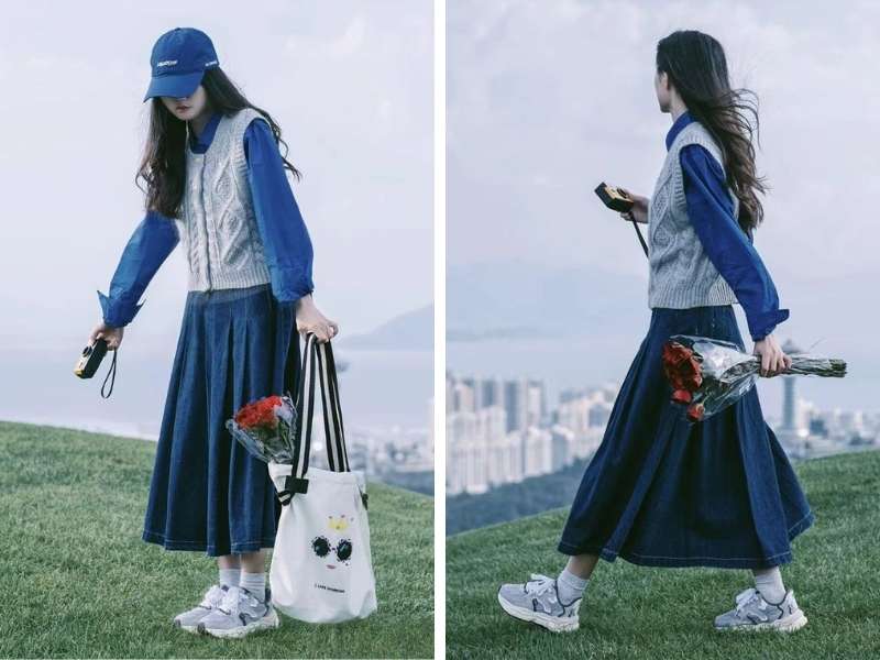 Phối chân váy với sơ mi và gile đi Sapa