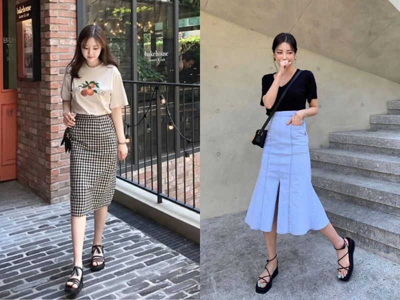 váy dài qua gối và sandal quai mảnh
