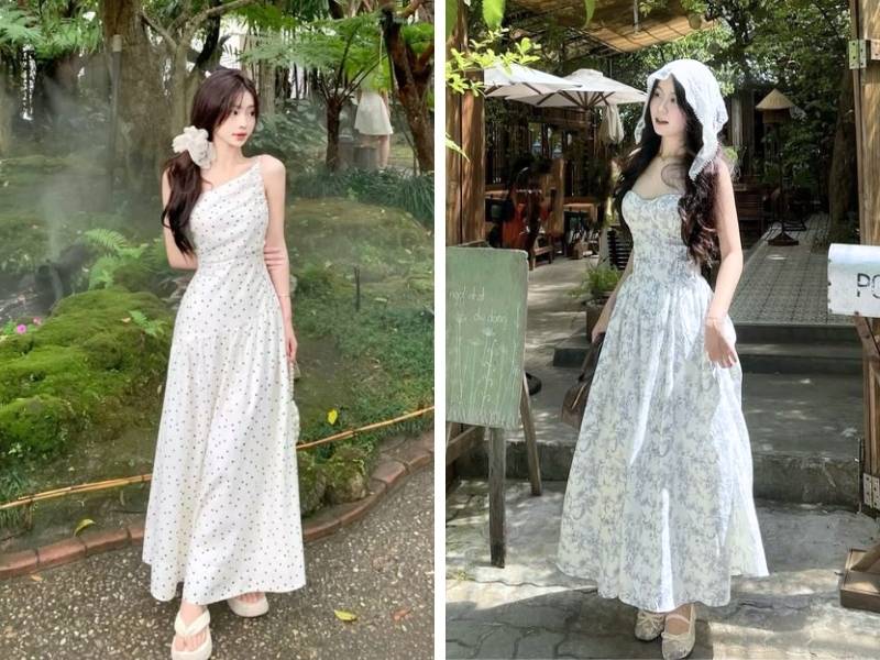 Phối đầm dài hoa nhí cho dáng tam giác ngược