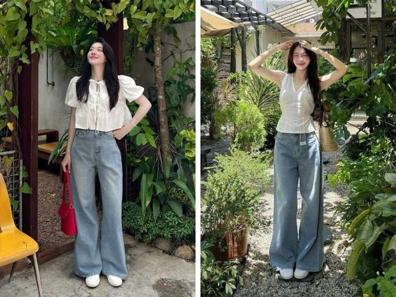 Phối babydoll với quần jean ống rộng đi Sapa