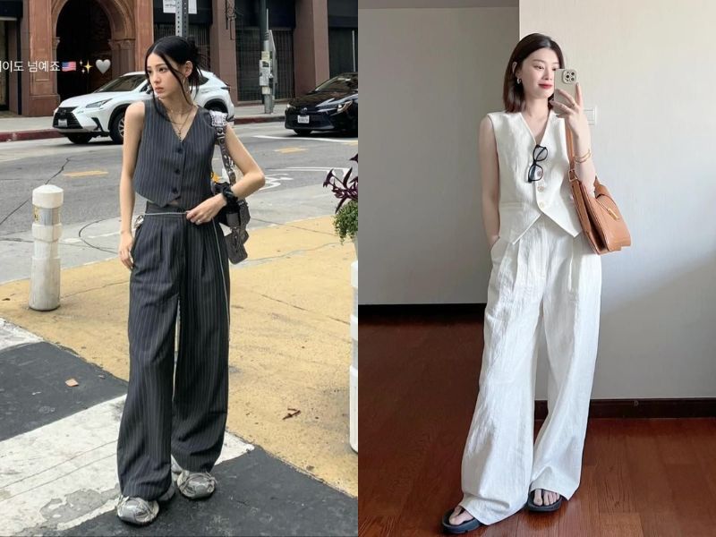 áo gile quần ống rộng