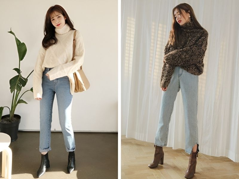 Phối áo cổ lọ nữ và quần jean