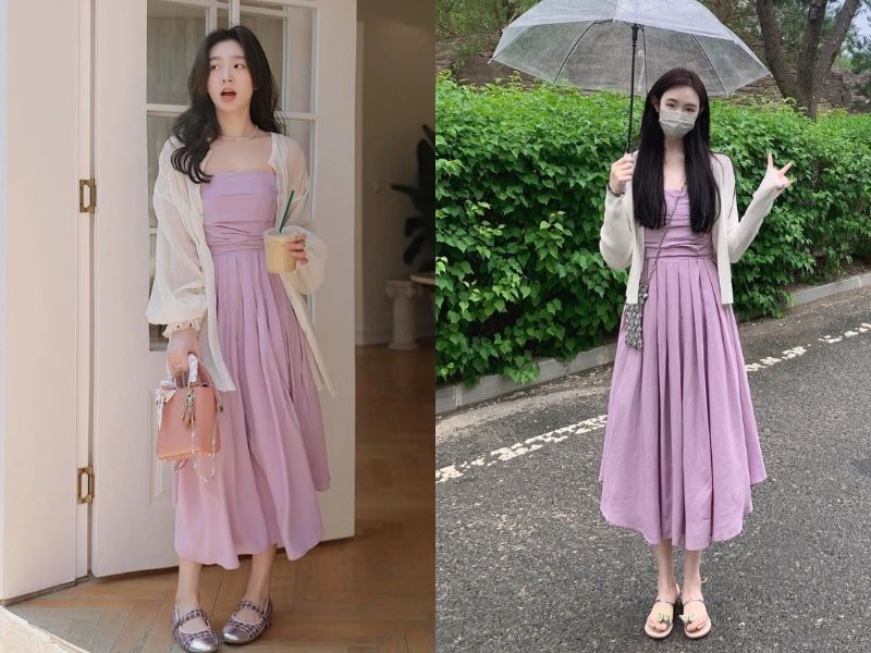 váy tím với áo cardigan trắng