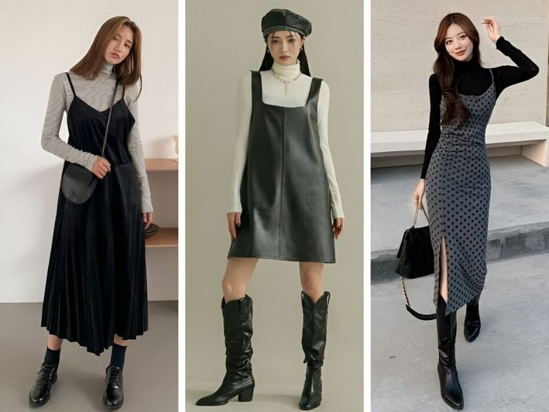 Phối áo cổ lọ nữ và đầm hai dây