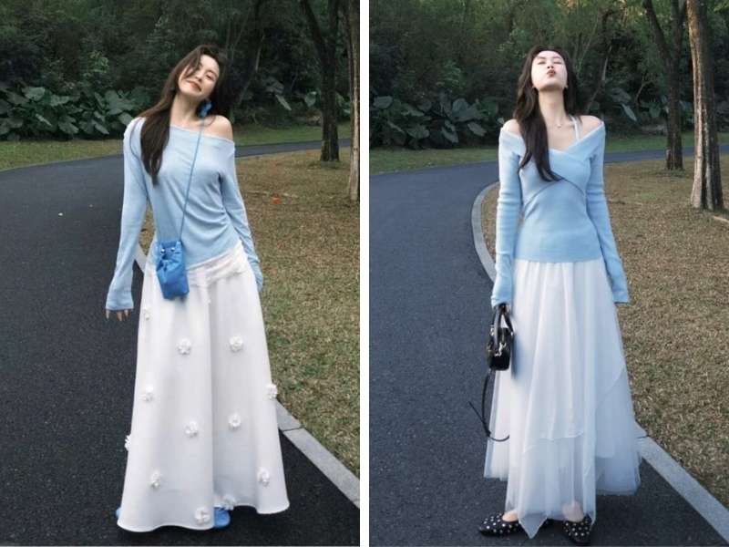 Chân váy phối áo trễ vai cho dáng quả lê