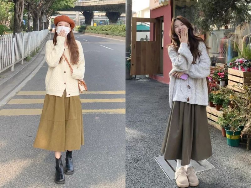 cardigan be với chân váy nâu
