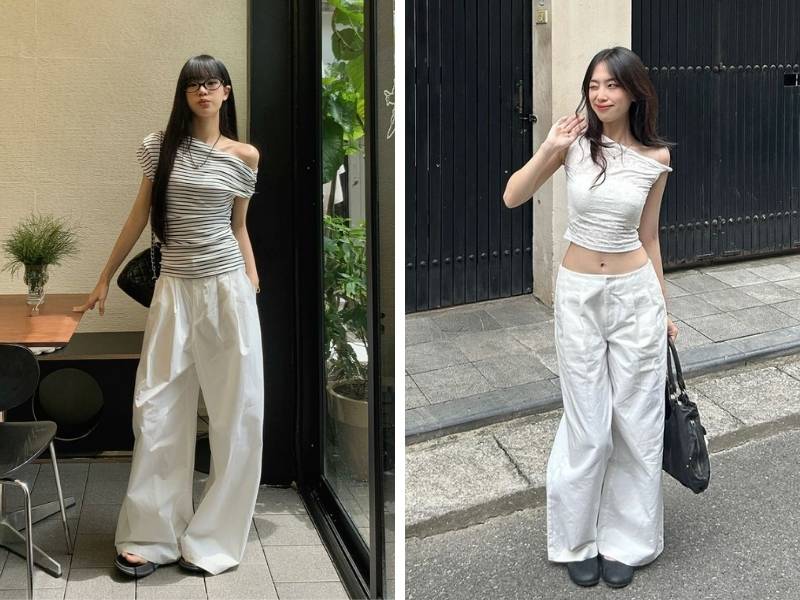 Cách phối áo lệch vai cho dáng tam giác ngược