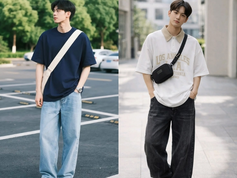 Áo thun nam phối quần jeans ống rộng