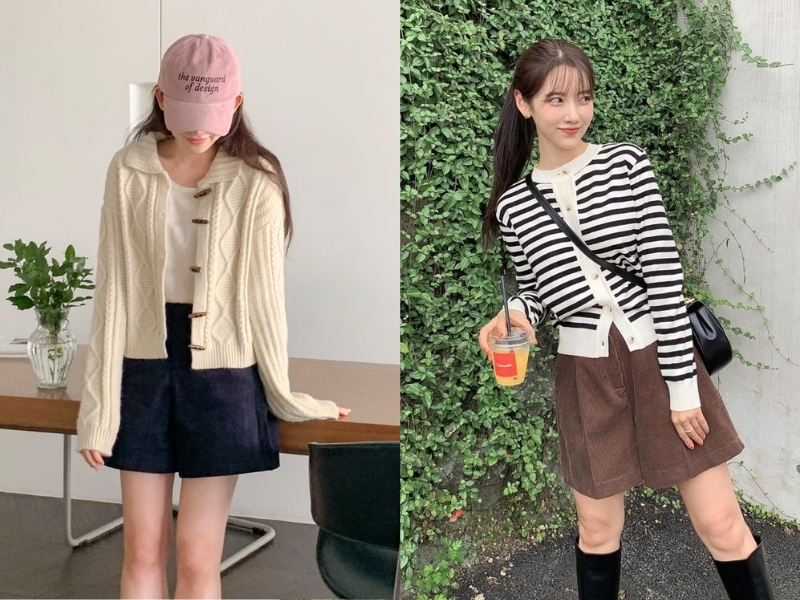 Phối đồ với cardigan dáng ngắn cùng quần short