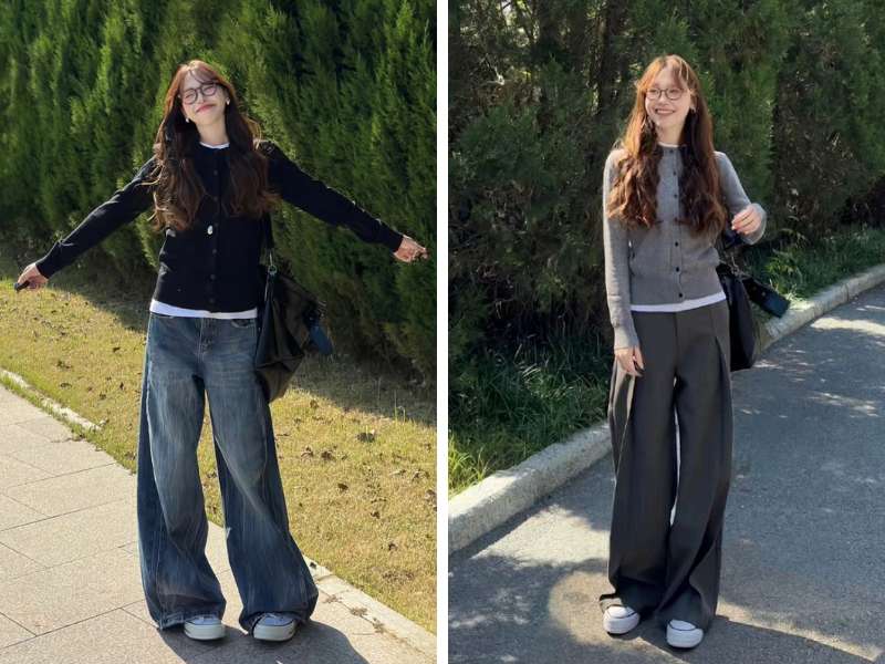 Cách phối quần ống suông với cardigan đi Sapa