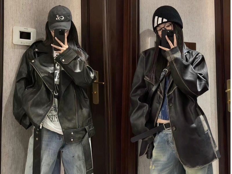 Áo khoác da phối quần jeans