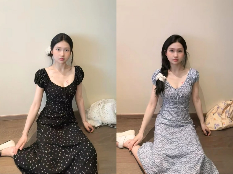 Đầm cổ vuông hoa nhí gọn gàng
