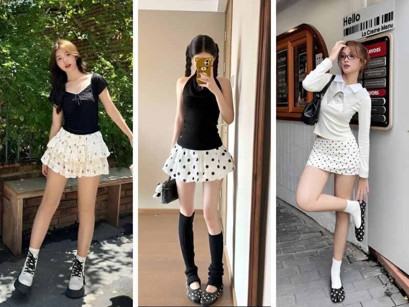 Phối đồ với chân váy trắng ngắn họa tiết