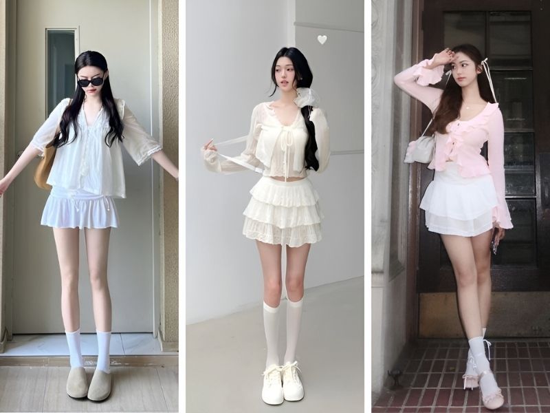 Phối áo kiểu và chân váy ngắn trắng