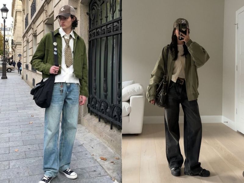 áo khoác xanh olive với quần jean
