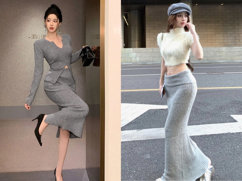 Chân váy len ôm phối áo crop top 