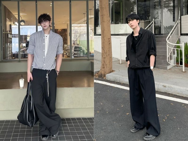 Phối áo sơ mi với quần ống rộng trendy