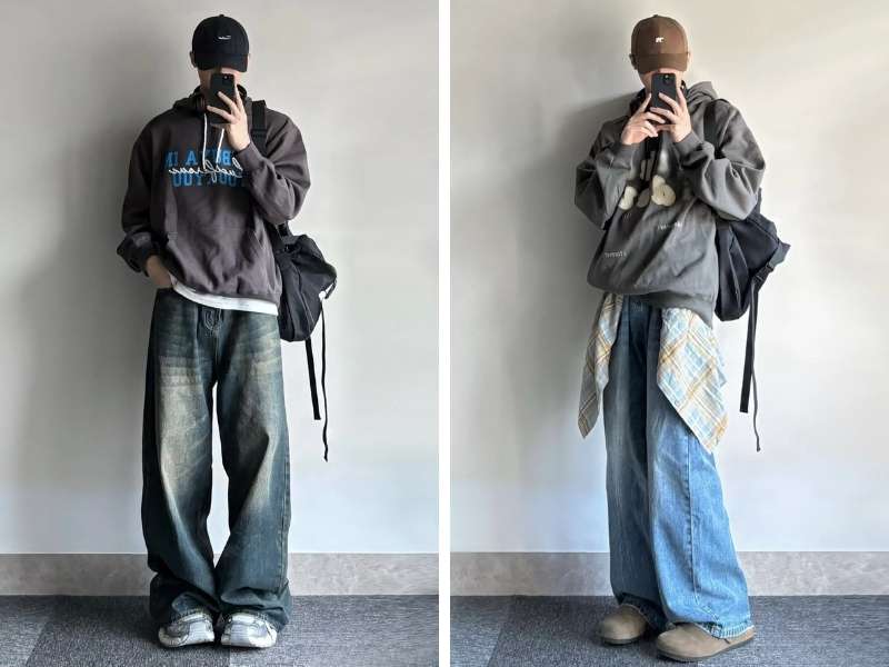 Phối quần jean ống rộng với hoodie nam đi Sapa