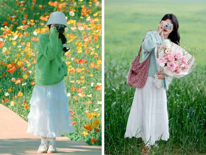 Cách phối áo sweater và chân váy dài đi Sapa