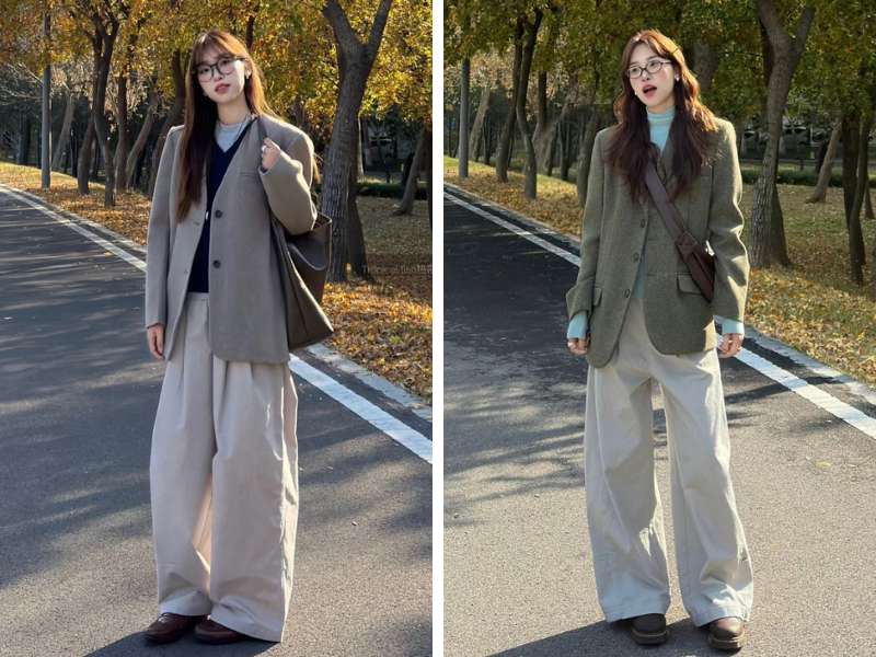 Mix áo giữ nhiệt cổ cao với blazer đi Sapa