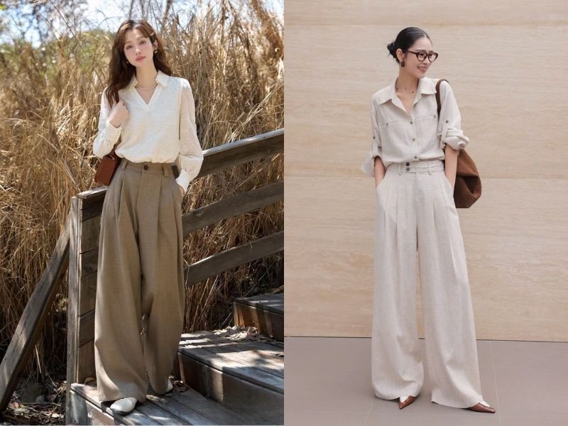 Quần suông kết hợp áo sơ mi trắng tạo nên outfit đi chùa thanh lịch