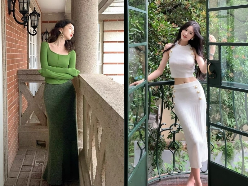 Chân váy len ôm phối áo len dáng ôm thanh lịch và dễ ứng dụng