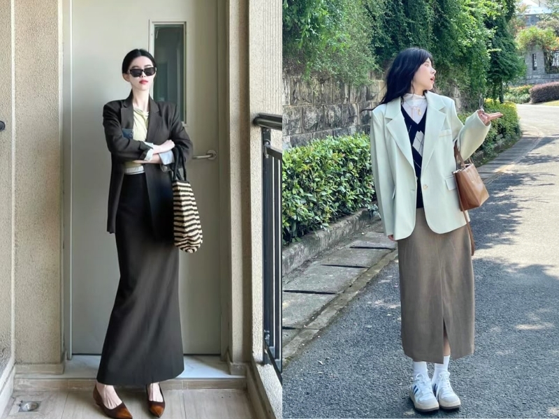 Chân váy len dài phối với áo blazer