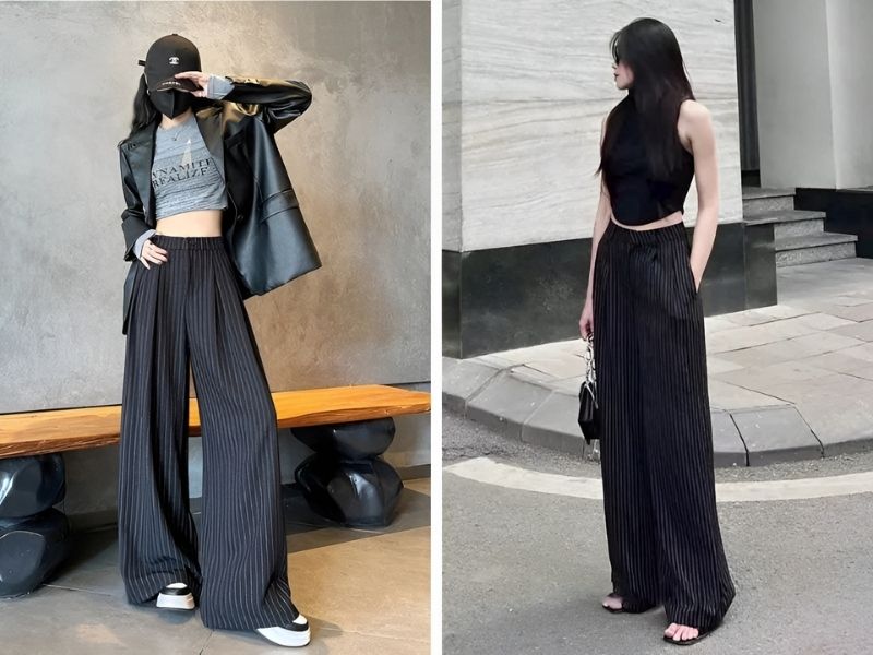Phối quần kẻ sọc đen trắng và áo croptop