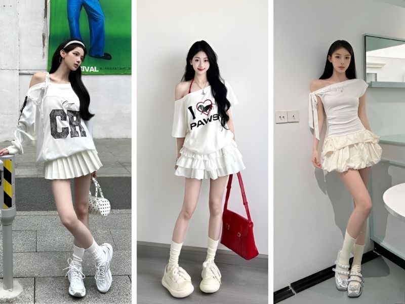 Phối áo lệch vai và chân váy ngắn trắng