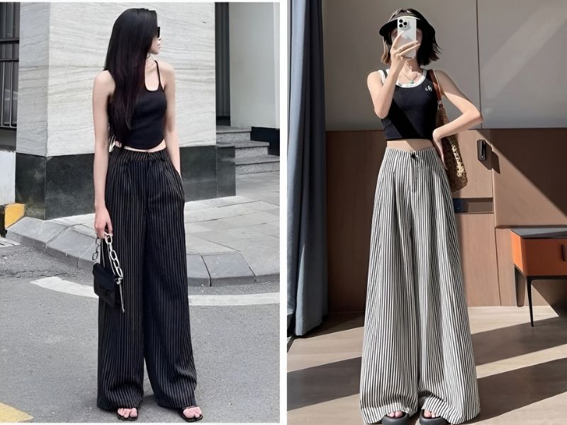 Mix quần kẻ sọc đen trắng và áo croptop