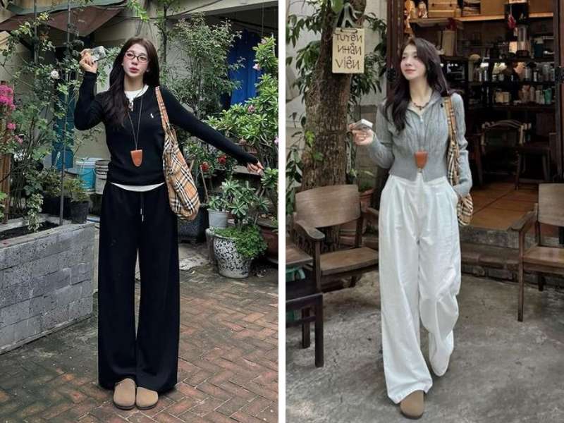 Cách phối cardigan với quần ống suông đi Sapa