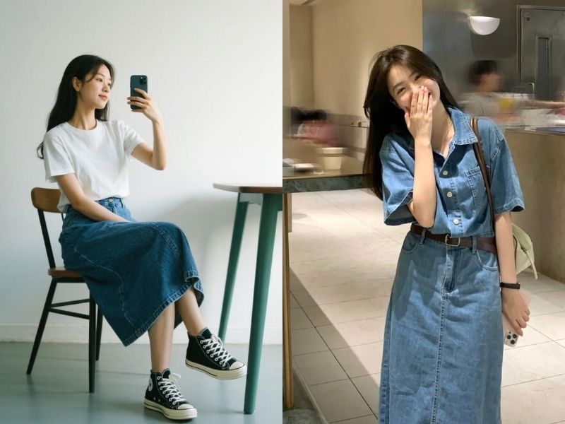 Chân váy dài kết hợp áo thun 