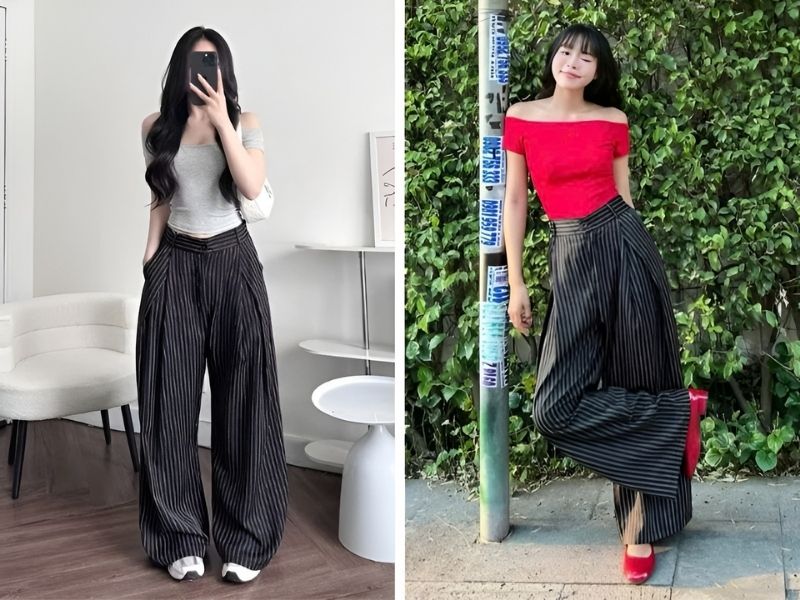  Phối quần kẻ sọc và áo trễ vai